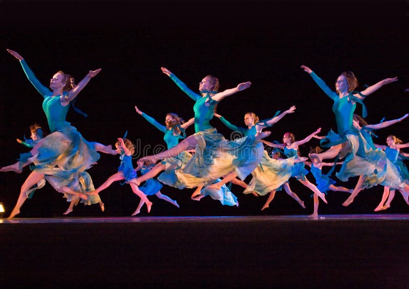 School-theatre of modern dance POTOKI,Dnepropetrovsk, Ukraine -June 5, 2012. Summer Entertainment Polyphony. Theatre artists, teenager and senior classes dancers perform a composition A Flow