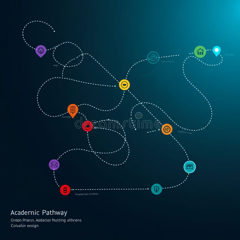 Flowchart with a dark gradient background illustrating an academic pathway. Dashed royalty free illustration
