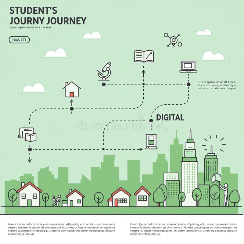 Flowchart depicting a student\'s journey on a green background. Icons represent key vector illustration