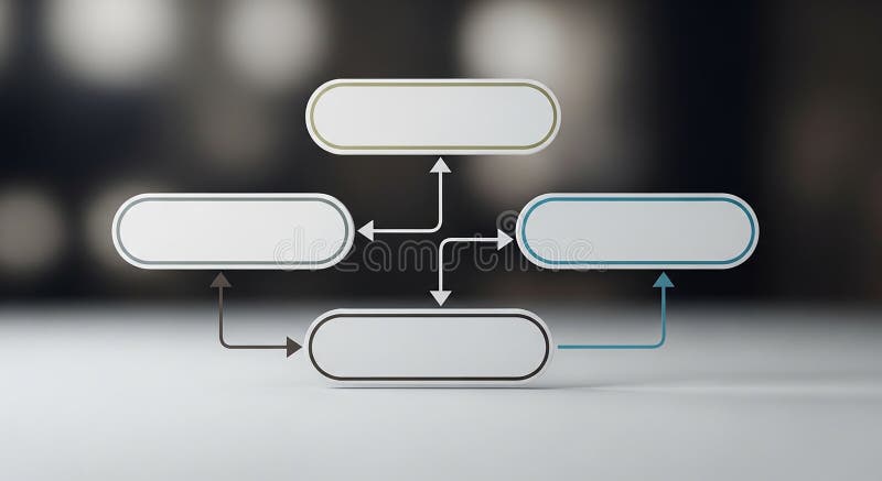 Flowchart diagram with four rounded rectangular boxes and connecting arrows on a blurred background Keywords royalty free illustration