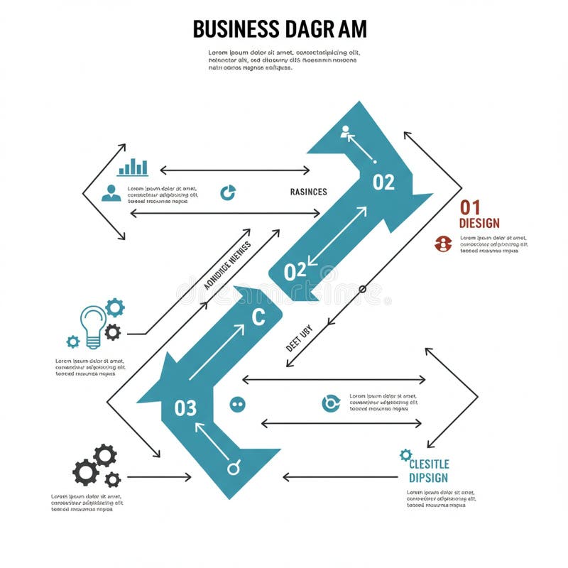 Flowchart featuring a zigzag blue arrow divided into segments labeled stock illustration
