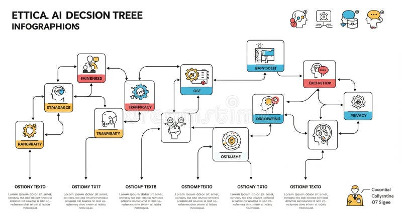 Flowchart illustrates an AI decision tree with colorful, labeled nodes connected by vector illustration
