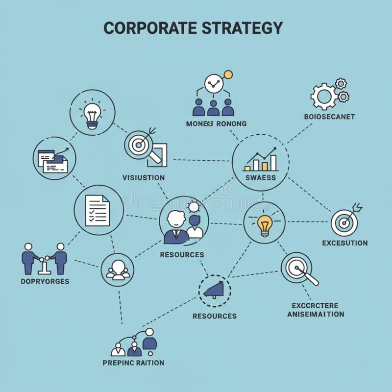 Flowchart illustrating aspects of a \'Corporate Strategy,\' with interconnected nodes stock illustration