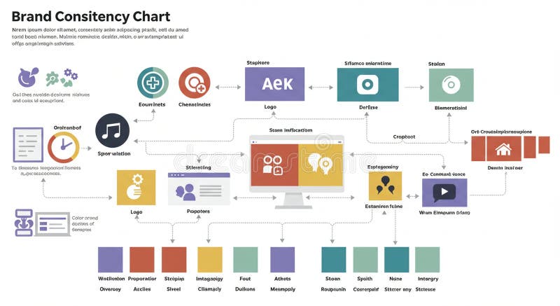 Flowchart illustrating a brand consistency concept with diverse design elements and stock illustration