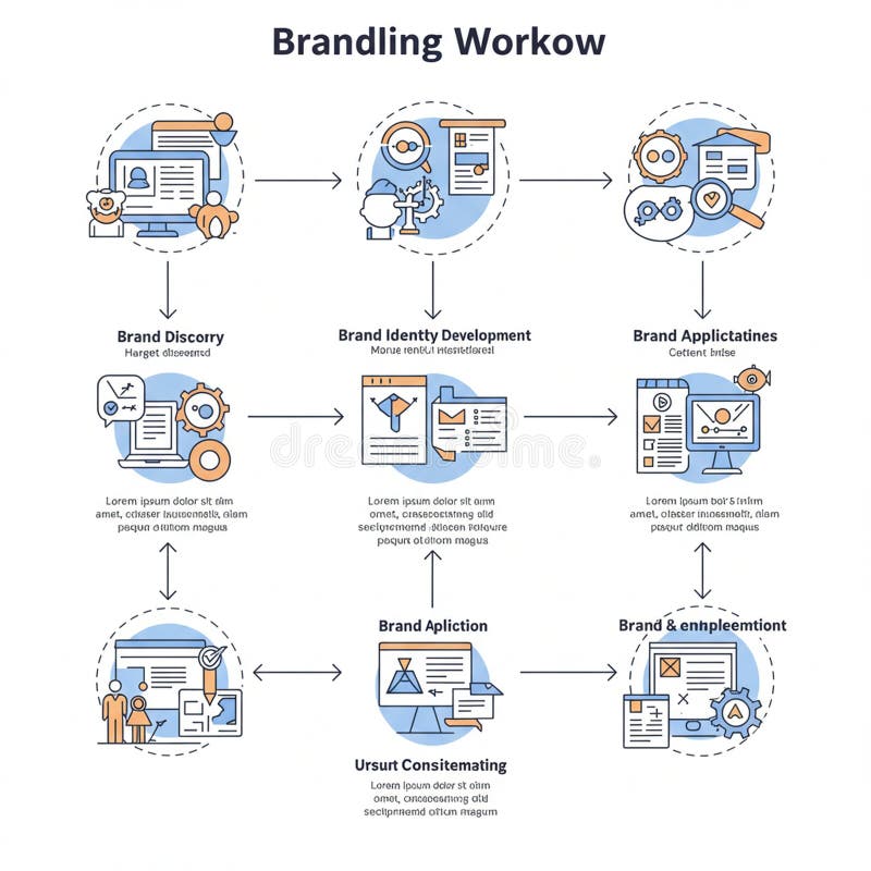 Flowchart illustrating a branding workflow in six steps. Each step features a circular royalty free illustration