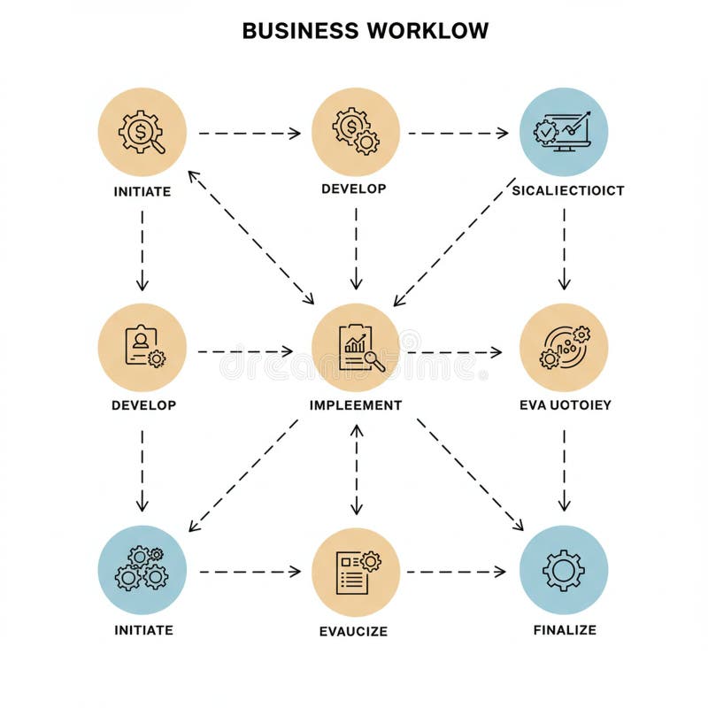Flowchart illustrating a business workflow process with interconnected steps. royalty free illustration