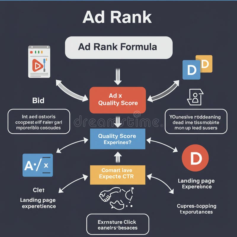 Flowchart illustrating the components of an ad ranking system. Central element royalty free illustration