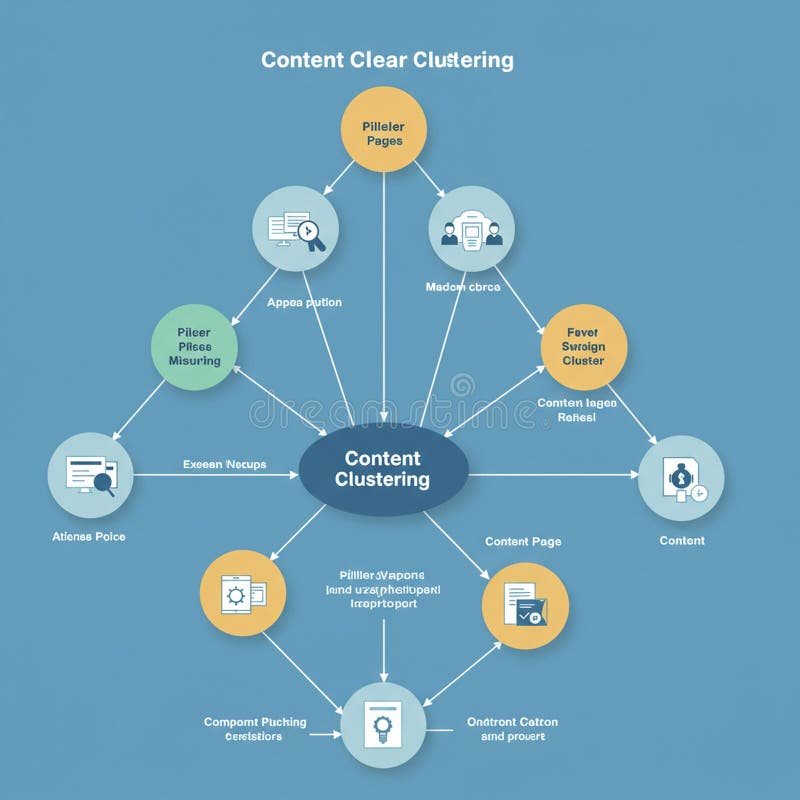 Flowchart illustrating a content clustering process on a blue background. Central oval royalty free illustration