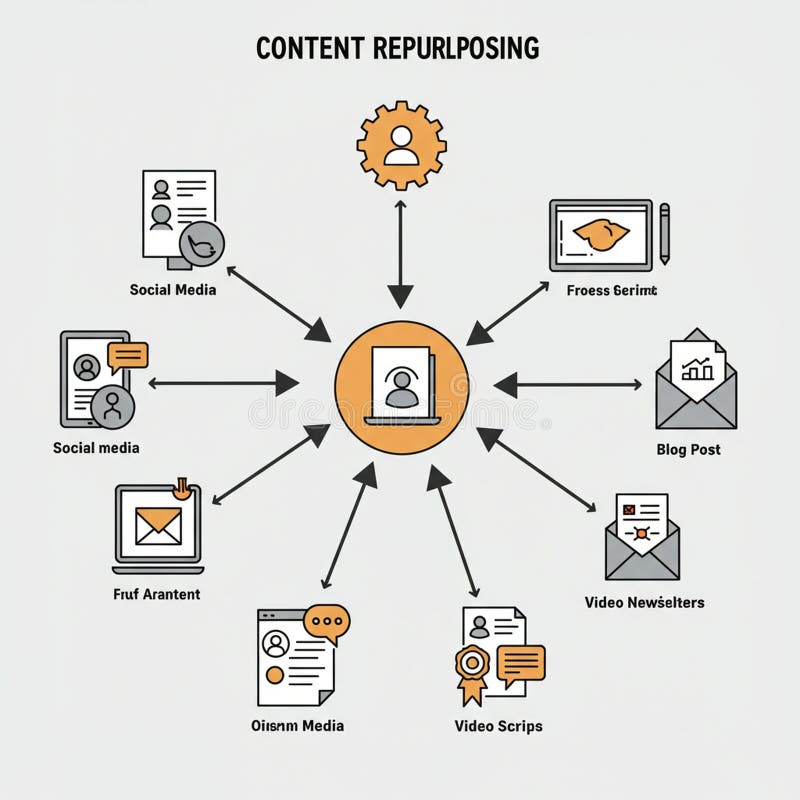 Flowchart illustrating content repurposing. Central icon shows a laptop with user icon royalty free illustration
