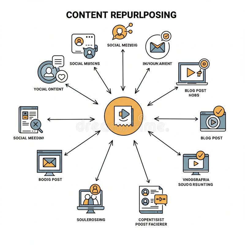 Flowchart illustrating content repurposing. Central icon shows a play button on a stock illustration