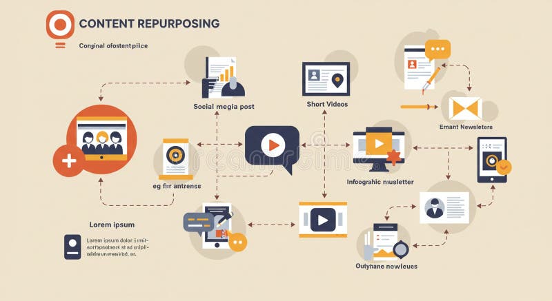 Flowchart illustrating content repurposing processes. Central circle with user icons vector illustration