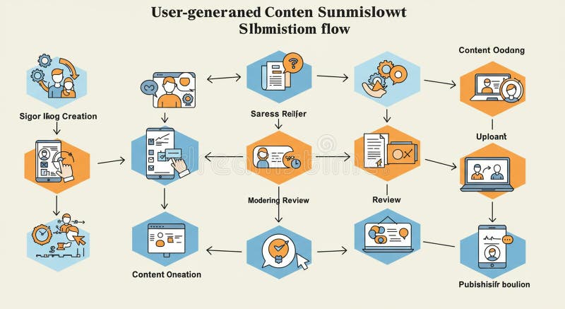 Flowchart illustrating a content submission process, featuring nine distinct stages. stock illustration