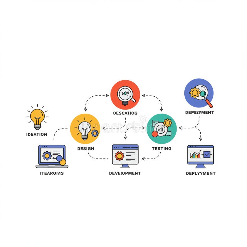 Flowchart illustrating a development process with labeled steps and icons. Stages royalty free illustration