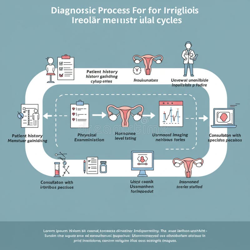 Flowchart illustrating a diagnostic process for irregular menstrual cycles, depicted stock illustration