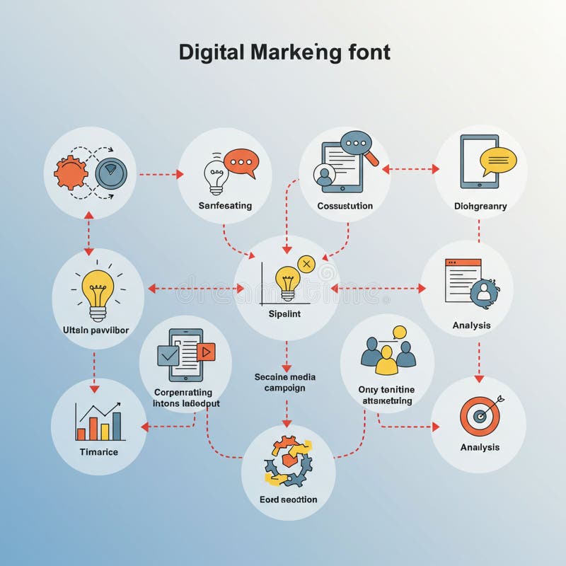 Flowchart illustrating a digital marketing process with various interconnected nodes. vector illustration