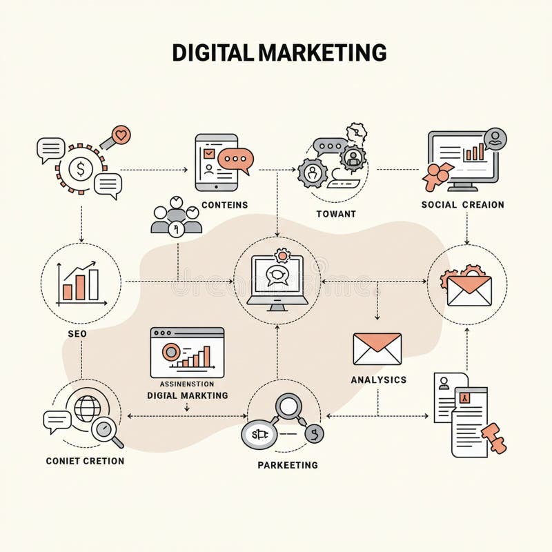 Flowchart illustrating digital marketing processes, featuring icons and text stock illustration