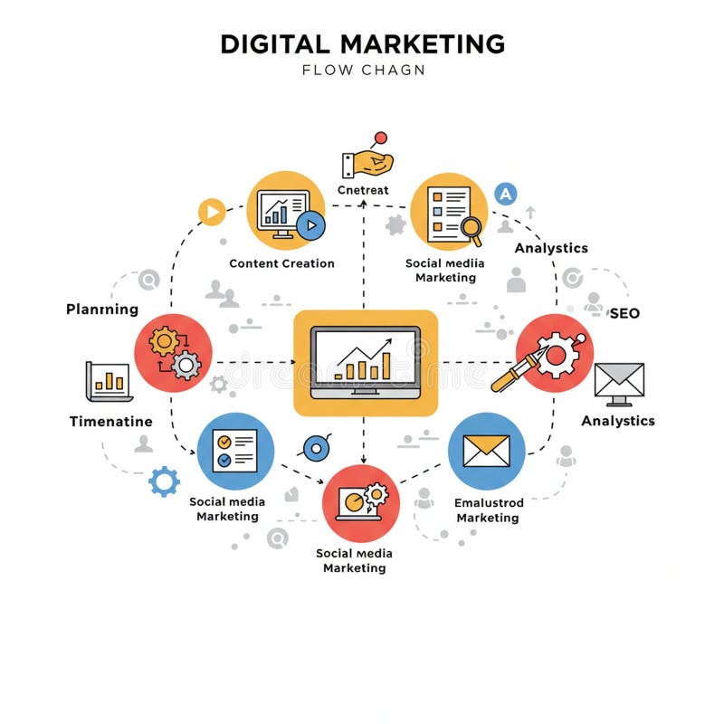Flowchart illustrating digital marketing processes. Key elements are enclosed royalty free illustration