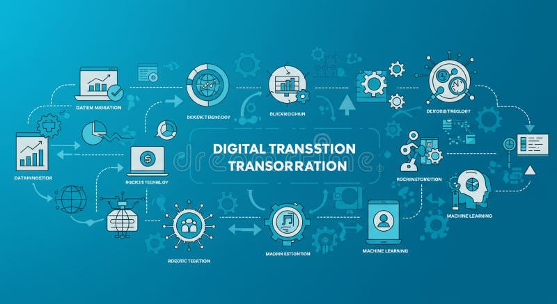 Flowchart illustrating digital transformation with interconnected icons and text on a vector illustration