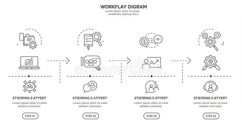 Flowchart illustrating a four-step work process. Each step is depicted by icons within vector illustration
