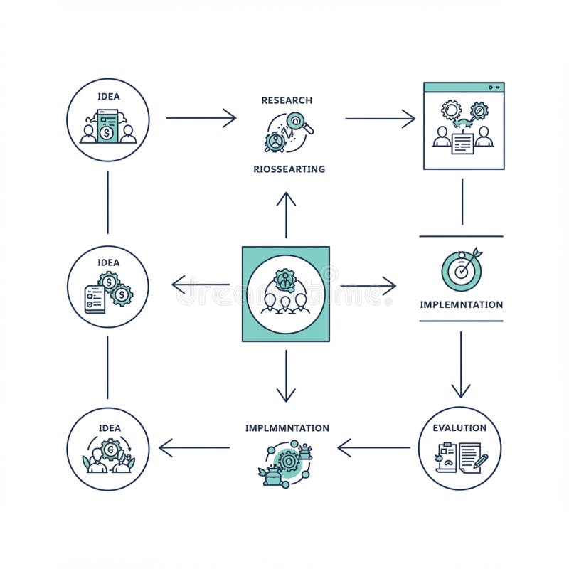 Flowchart illustrating an idea development process with interconnected steps. stock illustration