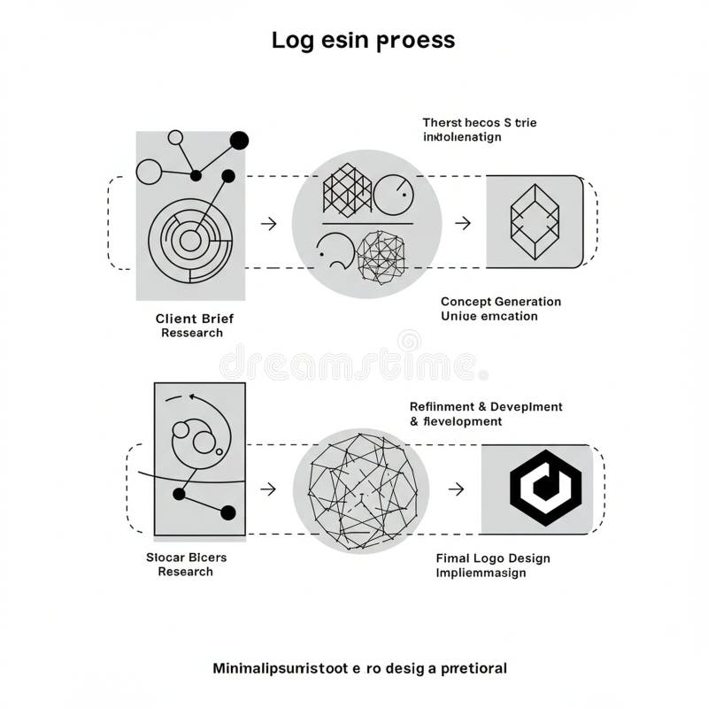 Flowchart illustrating a logo design process with four main stages: \'Client Brief stock illustration
