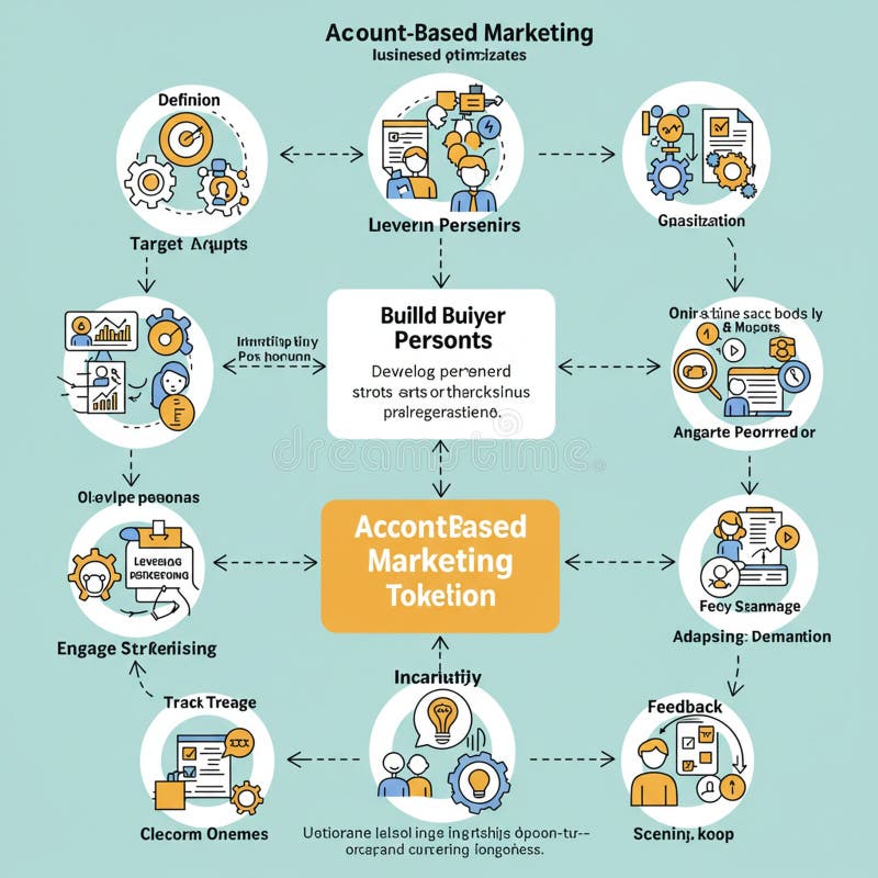 Flowchart illustrating a marketing process with eight connected nodes featuring vector illustration