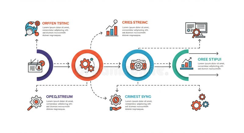 Flowchart illustrating a multi-step process with circular elements connected by vector illustration