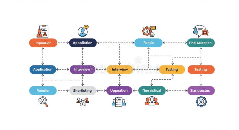 Flowchart illustrating a multi-step recruitment process with colorful, labeled boxes royalty free illustration