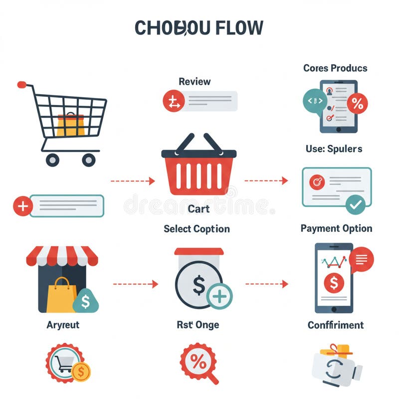 Flowchart illustrating an online shopping process using cartoon-like icons. It depicts vector illustration