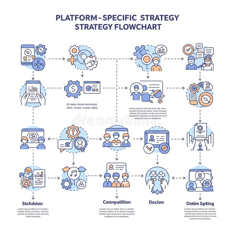 Flowchart illustrating platform-specific strategy with interconnected steps. Includes vector illustration