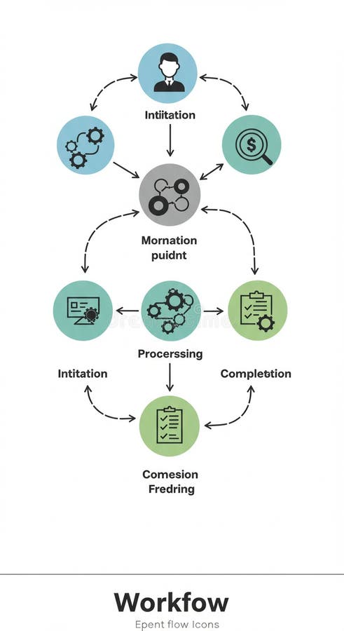 Flowchart illustrating a process with circular icons and arrows. The stages include stock illustration