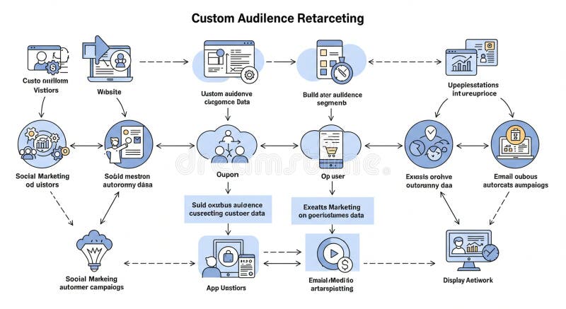 Flowchart illustrating a process for custom audience retargeting in marketing. Starts stock illustration
