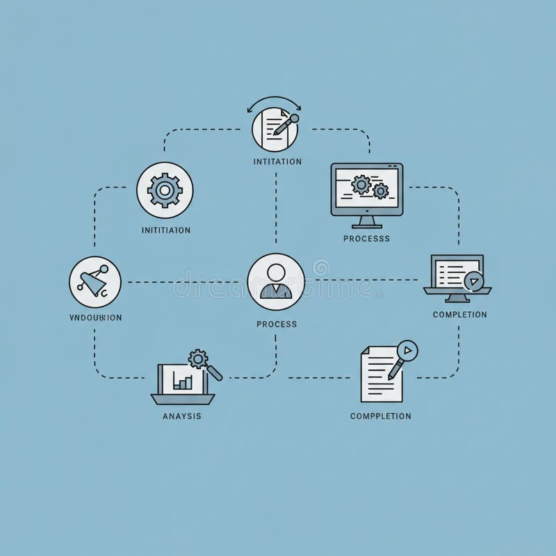 Flowchart illustrating a process cycle with six stages: initiation, process, completion vector illustration