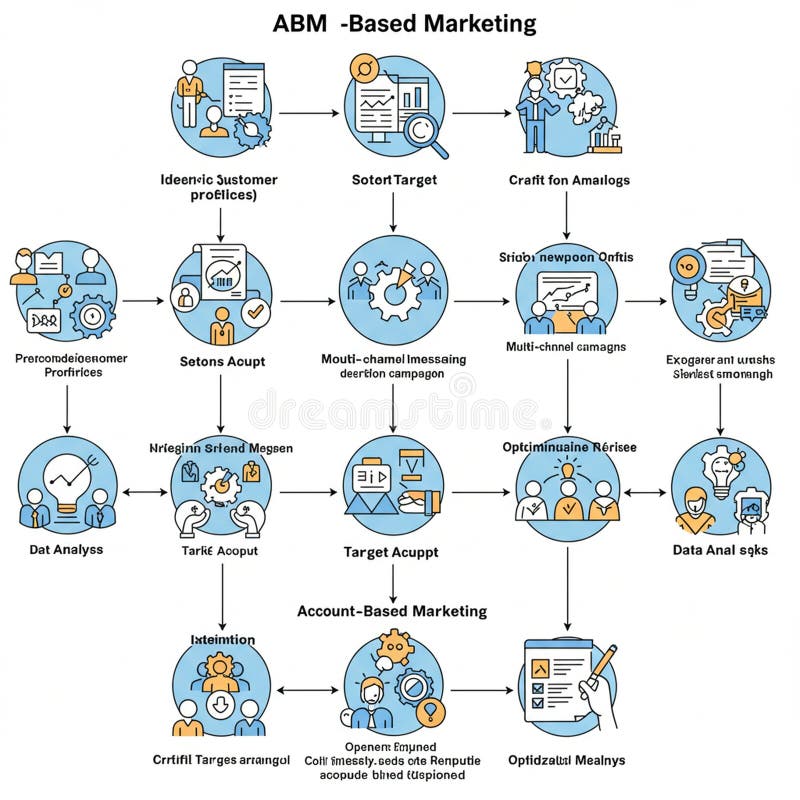 Flowchart illustrating a process labeled as \'ABM-Based Marketing,\' with a sequence royalty free illustration