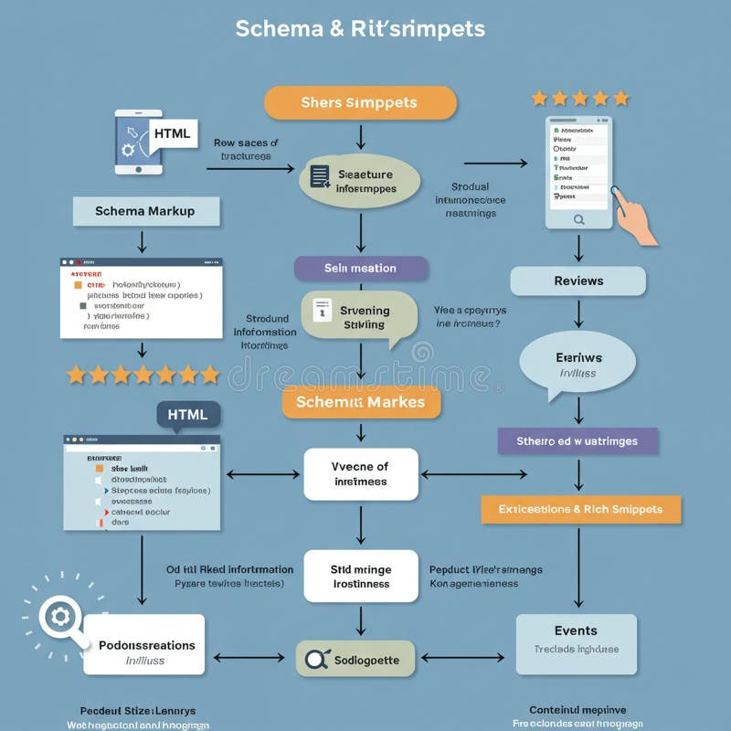 Flowchart illustrating a process related to \'Schema & Rich Snippets. \' The diagram stock illustration
