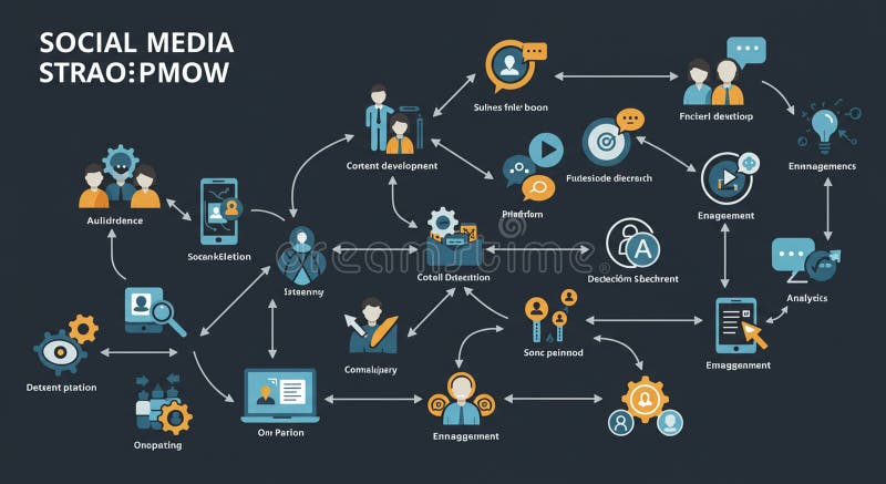 Flowchart illustrating a process for social media management, with interconnected stock illustration