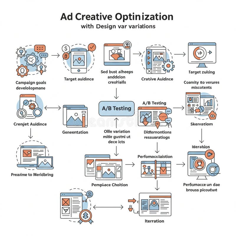 Flowchart illustrating a process titled \'Ad Creative Optimization with Design var royalty free illustration