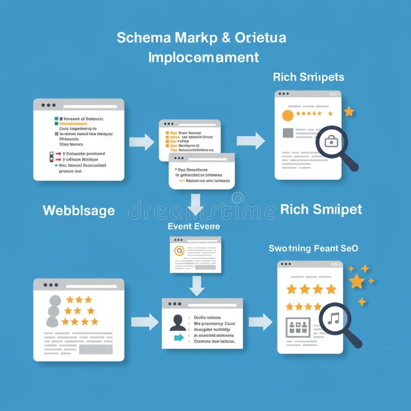 Flowchart illustrating schema markup and rich snippet processes for enhanced SEO. stock illustration