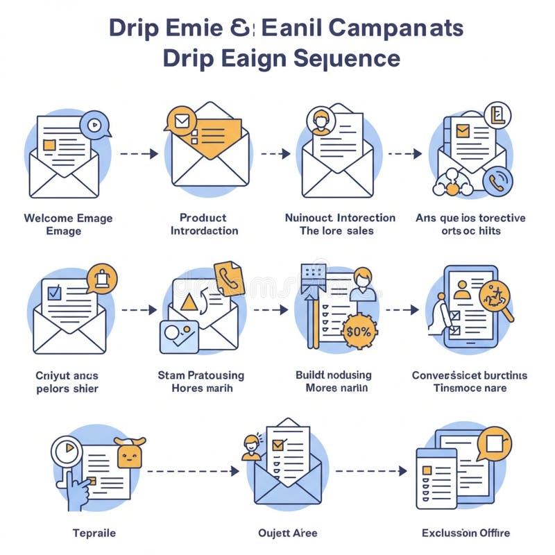 Flowchart illustrating a sequence of email-based interactions. It features envelopes stock illustration