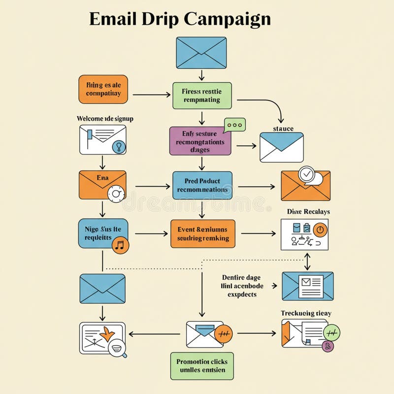 Flowchart illustrating a sequence for an email drip campaign. It features various stock illustration