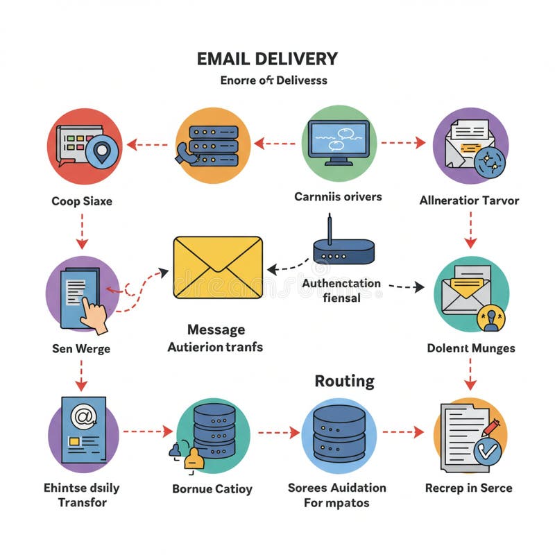 Flowchart illustrating a simplified email delivery process with nonsensical labels. stock illustration