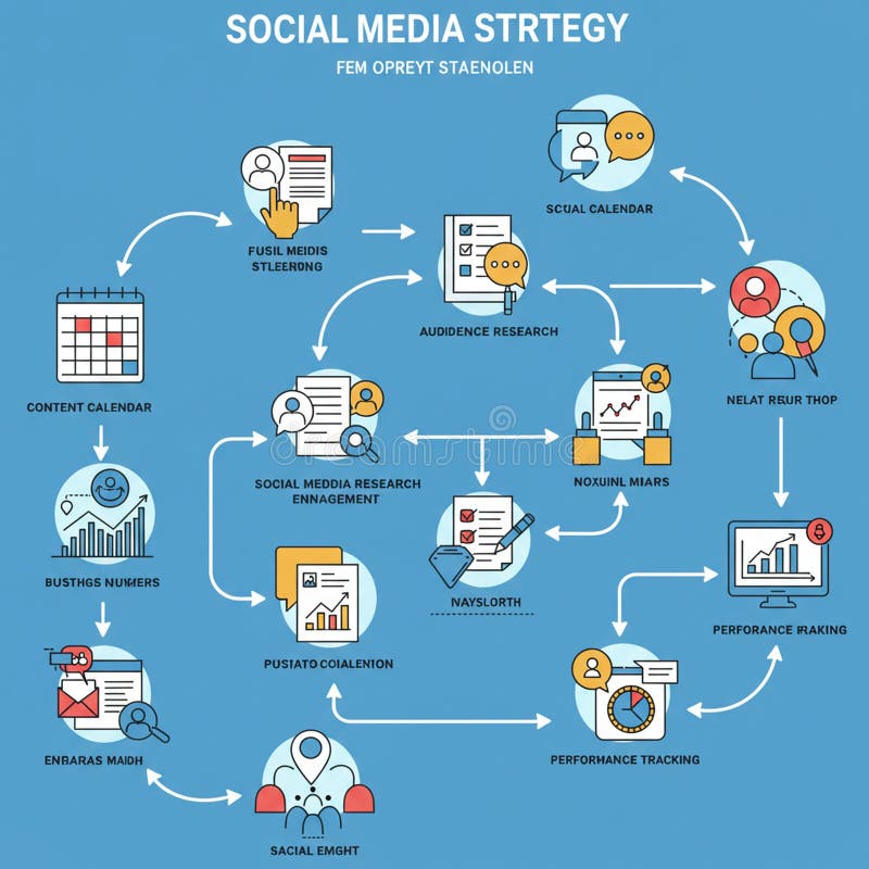 Flowchart illustrating a social media strategy on a blue background. Contains various royalty free illustration