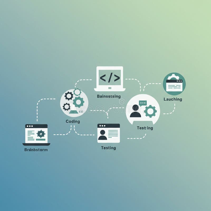 Flowchart illustrating a software development process on a gradient blue-green background. Stages include "Br? n bstorm" with a webpage icon, "Coding" with gears, "Baínsstssing" featuring a computer with code angle brackets, "Testing" showing an avatar with a gear speech bubble, and "Launching" with a settings clipboard. Icons and text are linked by dotted lines, indicating sequence. Text contains typographical errors, suggesting a focus on process visualization rather than accuracy.