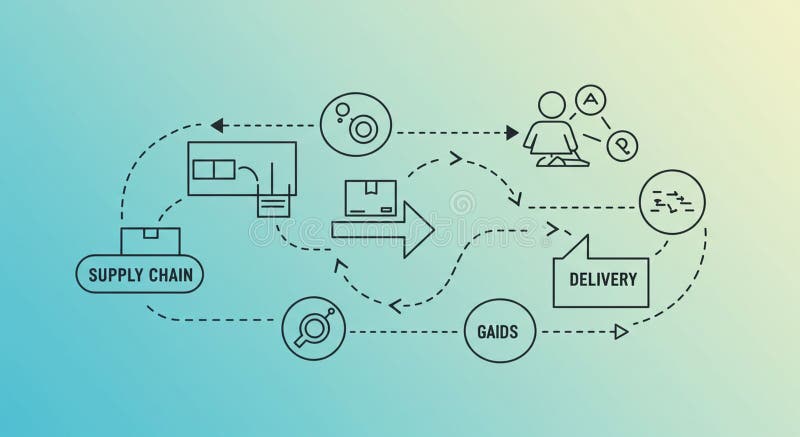 Flowchart illustrating a supply chain process. Elements include supply chain, circular vector illustration