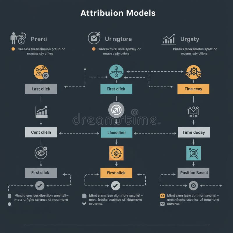 Flowchart illustrating three attribution models: Prerri, Urngtore, and Urgaty. Each stock illustration