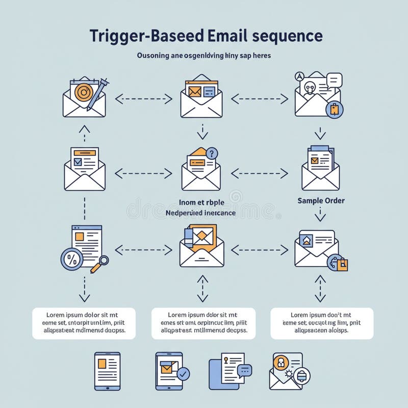 Flowchart illustrating a trigger-based email sequence. Features eight envelope icons royalty free illustration