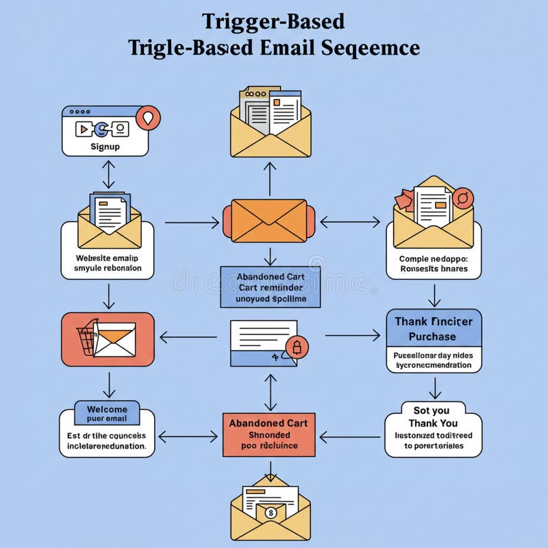 Flowchart illustrating a trigger-based email sequence on a light blue background. It vector illustration