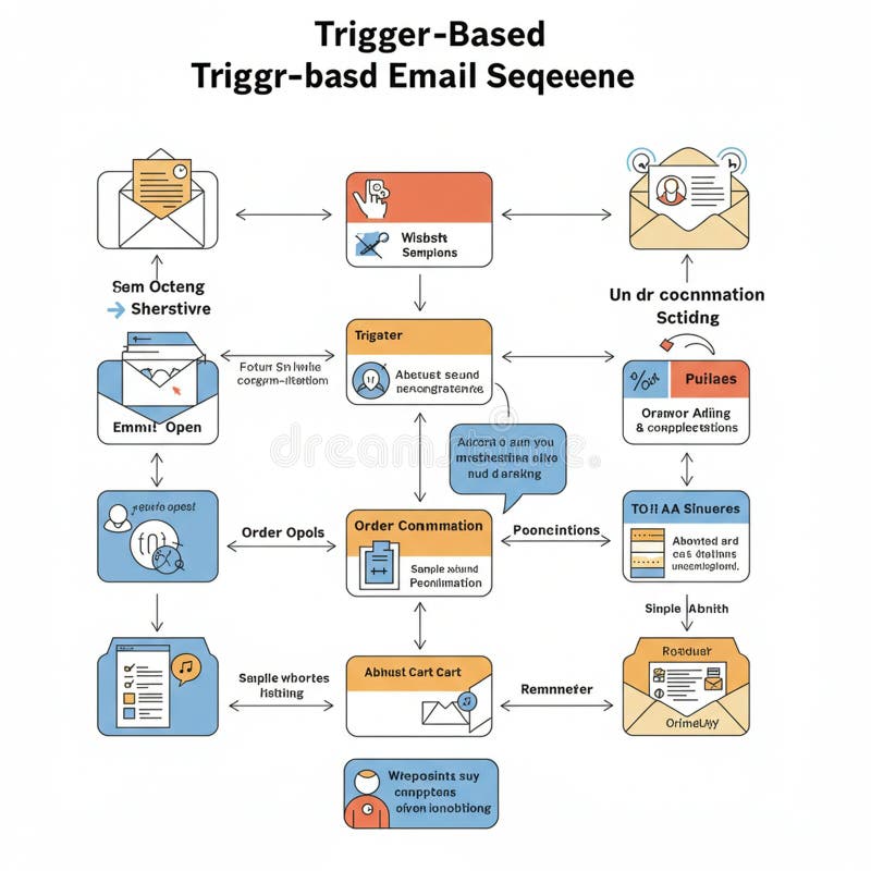 Flowchart illustrating a trigger-based email sequence. The process involves various vector illustration