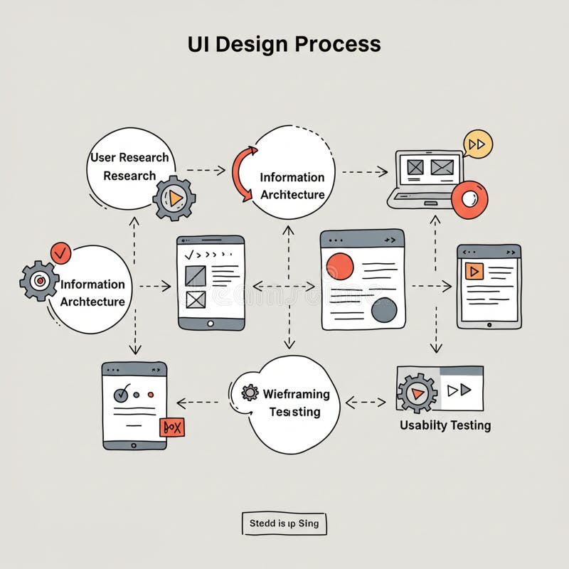 Flowchart illustrating the UI design process. It includes elements like smartphones vector illustration