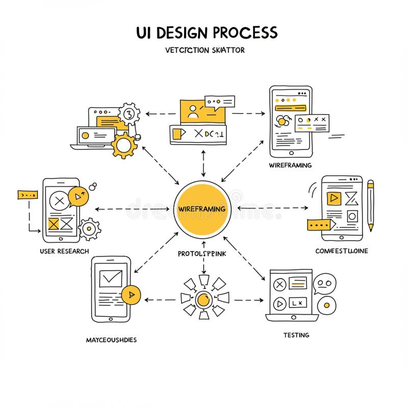 Flowchart illustrating the UI design process with six stages around a central royalty free illustration